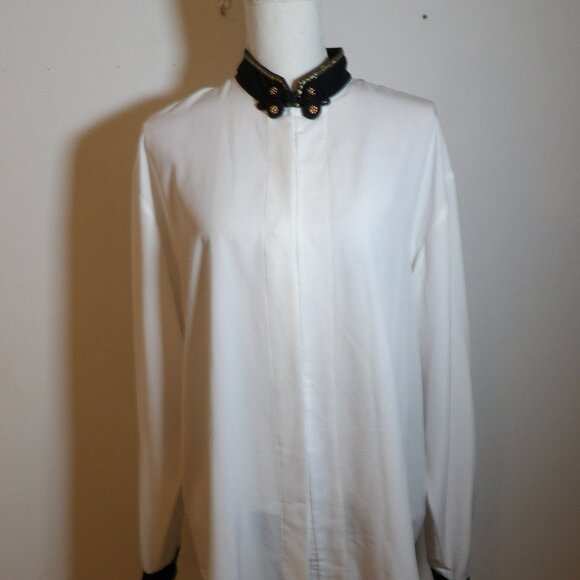 Tess Vintage Dressy Blouse Button Front Sz L High Neck Long Sleeve Shoulder Pads - Picture 2 of 5